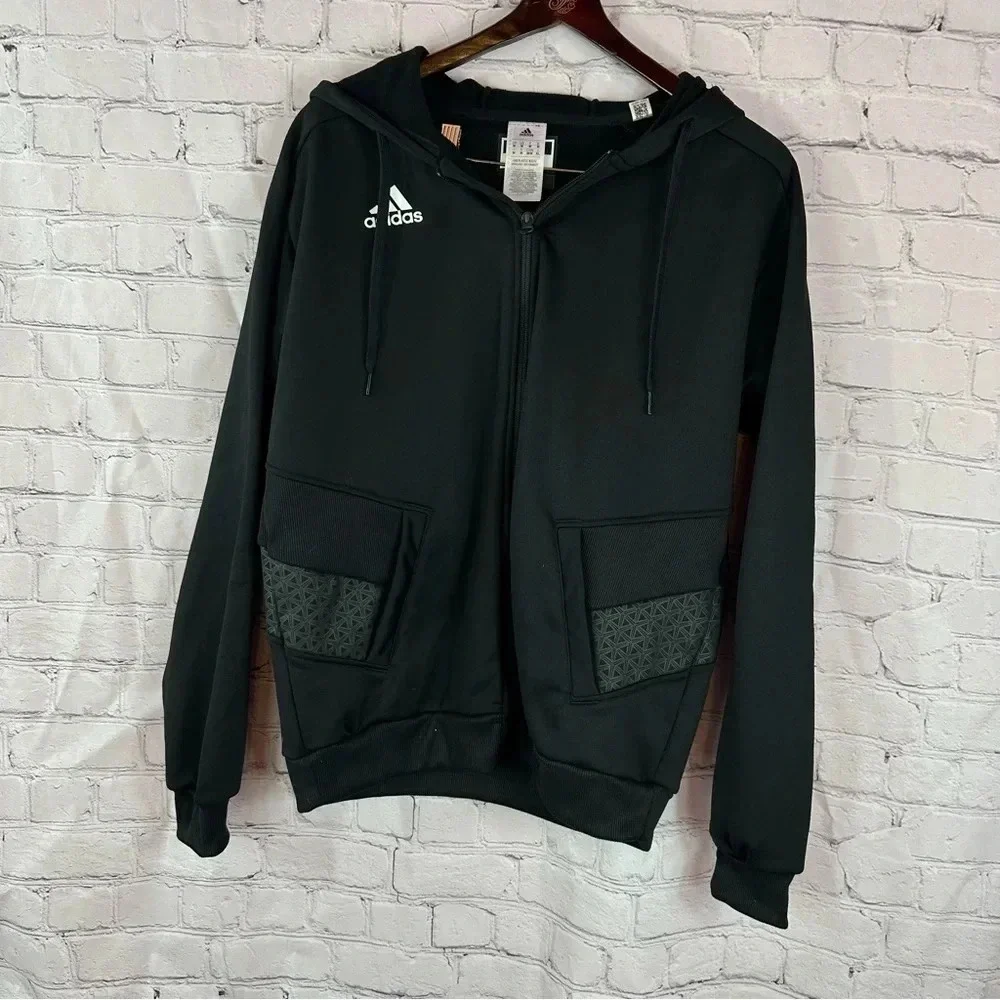 adidas NWT travel knit jacket with hood black white sz medium sportswear